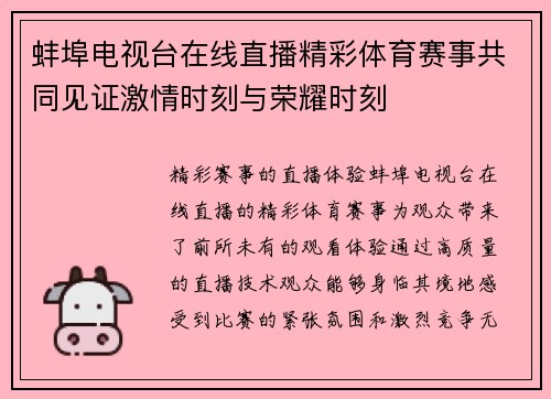 蚌埠电视台在线直播精彩体育赛事共同见证激情时刻与荣耀时刻