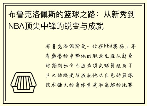 布鲁克洛佩斯的篮球之路：从新秀到NBA顶尖中锋的蜕变与成就